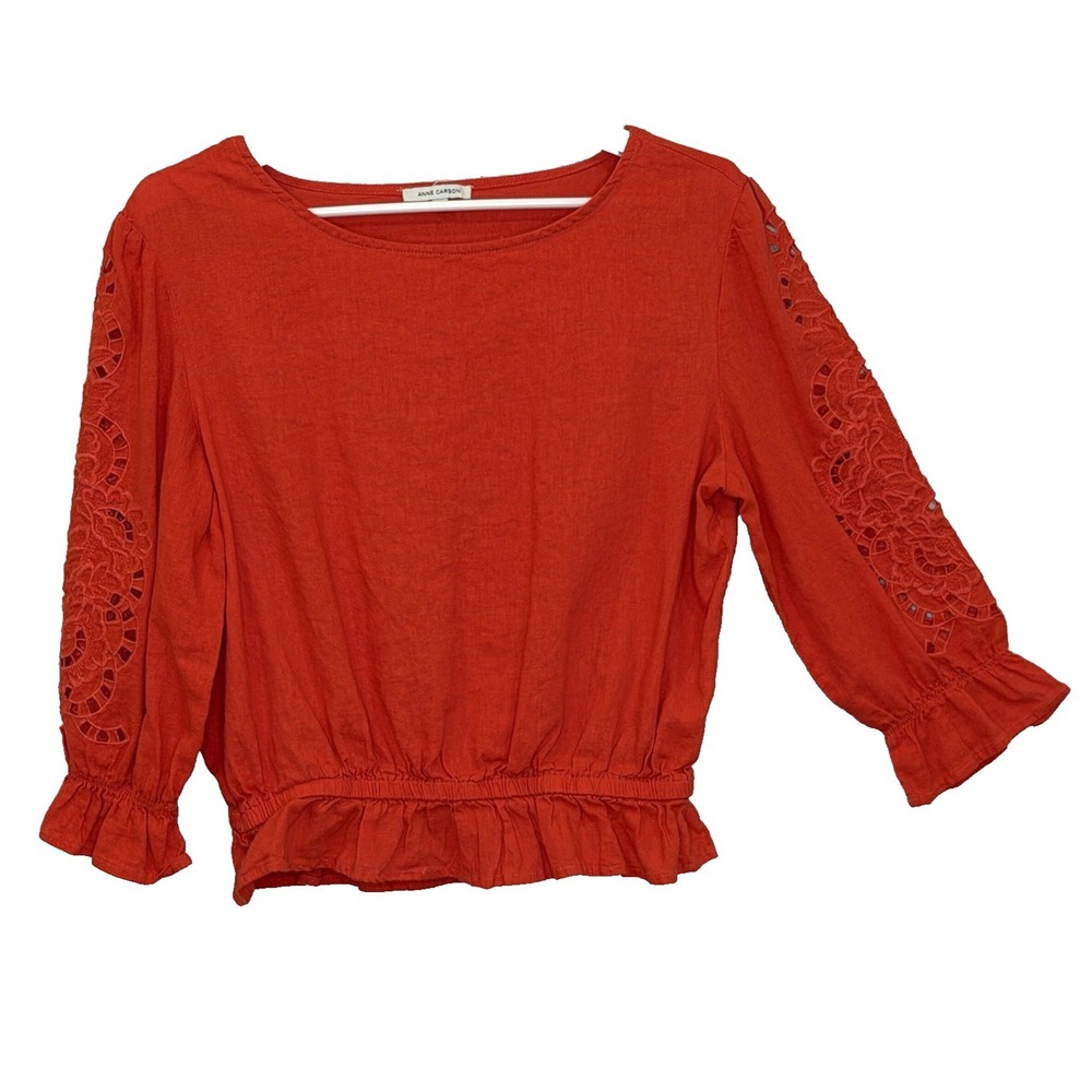 Anne Carson Top Medium Orange‎ Linen Rayon Embroidery 3/4 Sleeve Round Neck